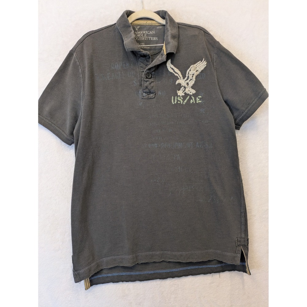 American Eagle Outfitters Mens XL Charcoal Gray Graphic Polo Shirt Distressed 77